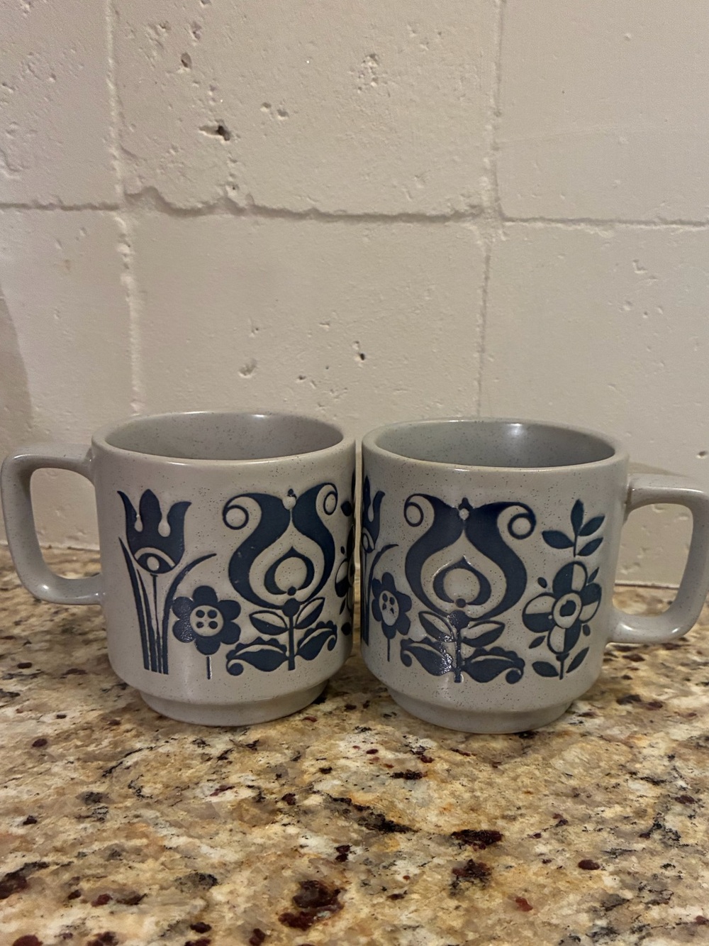 2 Vintage Blue floral folk art Coffee Mugs